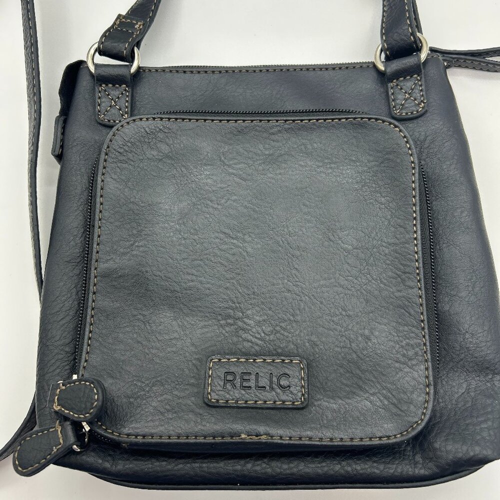 Relic By Fossil Black Vegan Leather Crossbody Bag Outer Pockets Top Zip Square‎